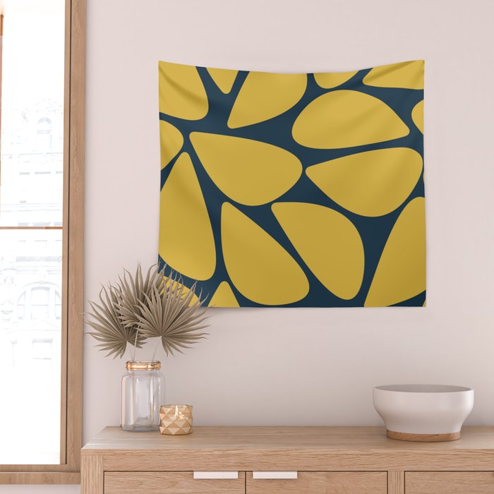 Riverbed Stones Minimalist Abstract Pattern in Light Mustard Yellow and Navy Blue Wall Tapestry Gallery Image 2