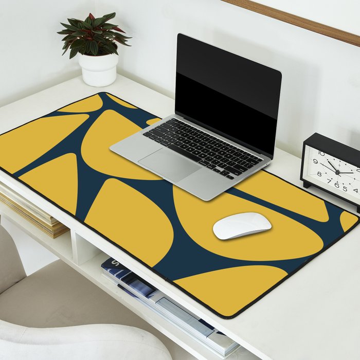 Riverbed Stones Minimalist Abstract Pattern in Light Mustard Yellow and Navy Blue Desk Mat Gallery Image 2