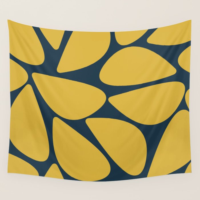 Riverbed Stones Minimalist Abstract Pattern in Light Mustard Yellow and Navy Blue Wall Tapestry Gallery Image 1