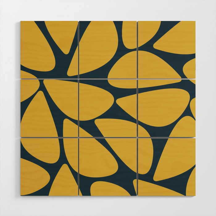 Riverbed Stones Minimalist Abstract Pattern in Light Mustard Yellow and Navy Blue Wood Wall Art Gallery Image 1
