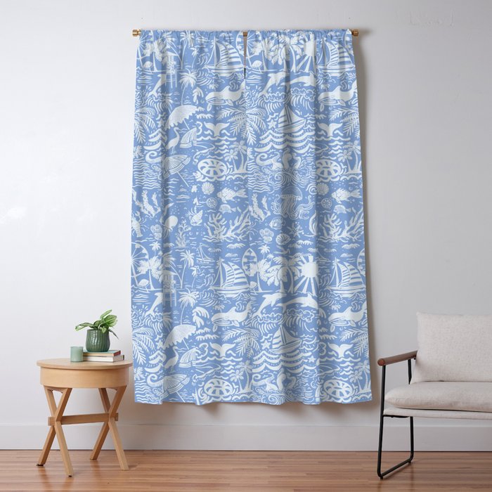 Coastal Daydreams Blue & White Ocean Collage Pattern Window Curtain Gallery Image 1