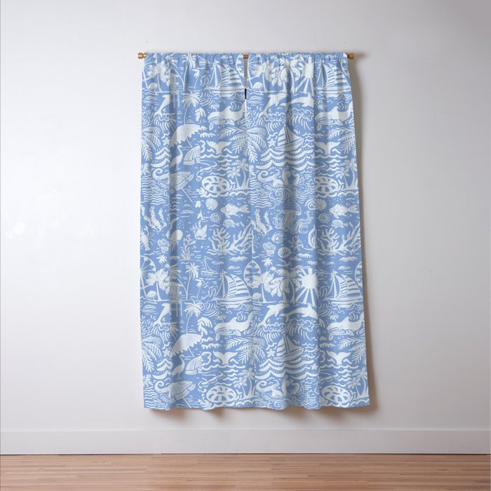 Coastal Daydreams Blue & White Ocean Collage Pattern Window Curtain Gallery Image 3