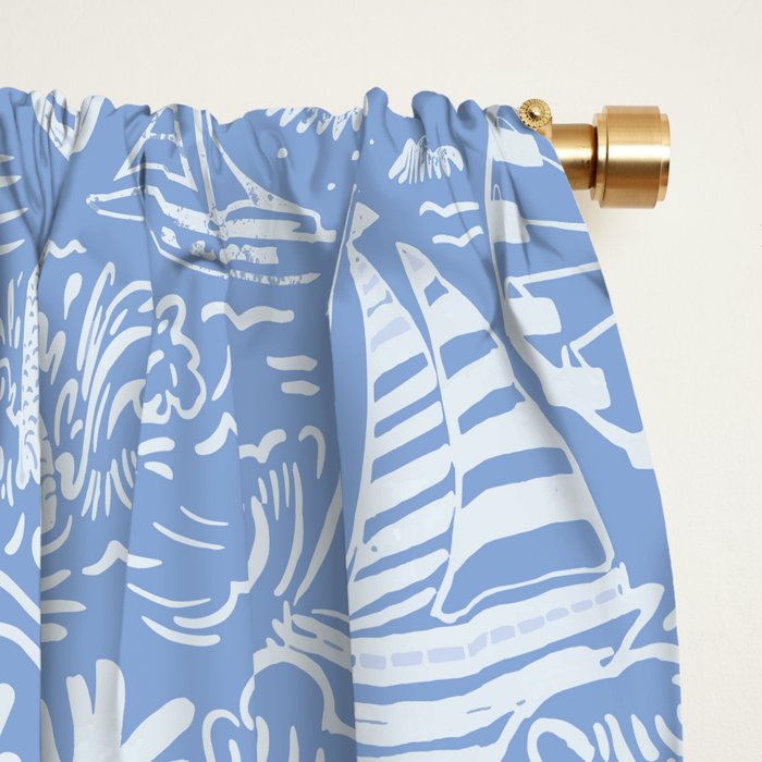 Coastal Daydreams Blue & White Ocean Collage Pattern Window Curtain Gallery Image 2