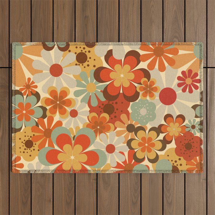 Patterned Retro 70's Floral Prints Outdoor Rug Gallery Image 1