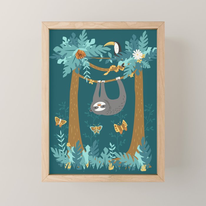 Sloth Hanging in a Teal Forest Mini Art Print Gallery Image 1