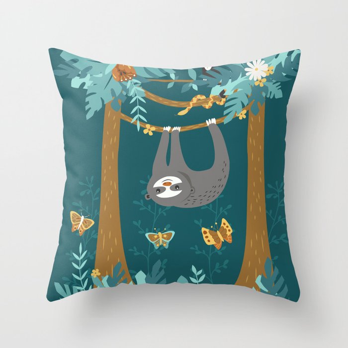 Sloth Hanging in a Teal Forest Throw Pillow Gallery Image 6