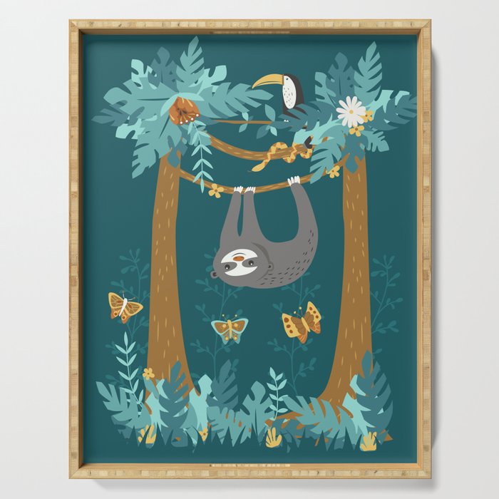 Sloth Hanging in a Teal Forest Serving Tray Gallery Image 1