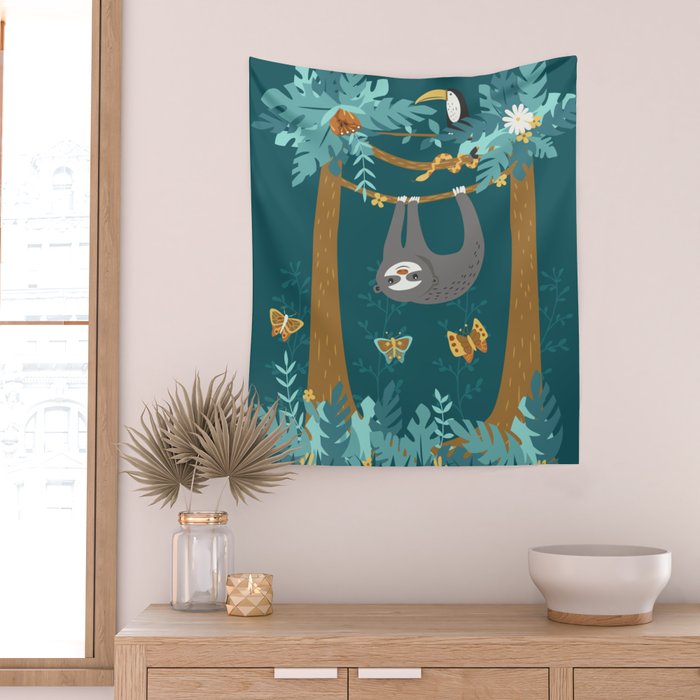 Sloth Hanging in a Teal Forest Wall Tapestry Gallery Image 2