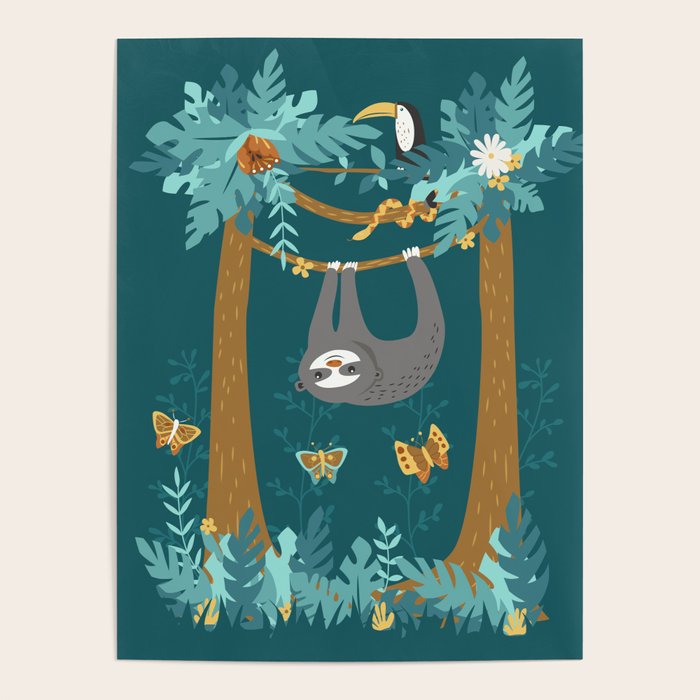 Sloth Hanging in a Teal Forest Poster Gallery Image 1