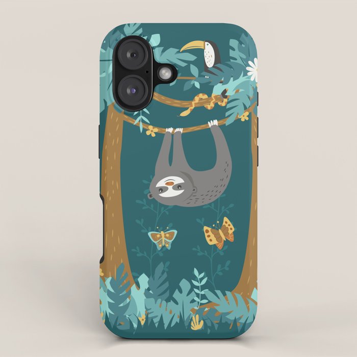 Sloth Hanging in a Teal Forest iPhone Case Gallery Image 1