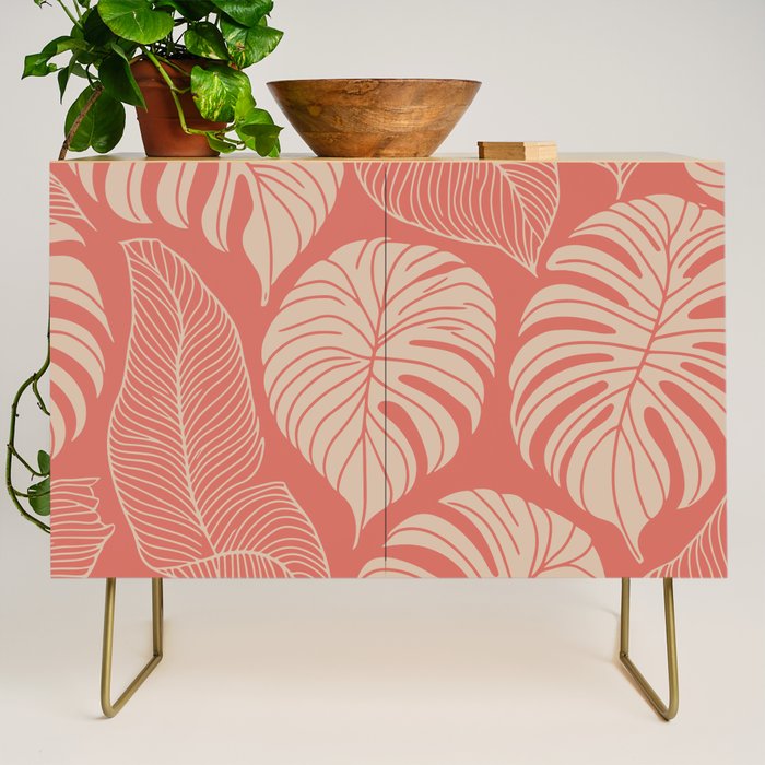 Tropical Leaves on Boho beachy coral Credenza Gallery Image 1