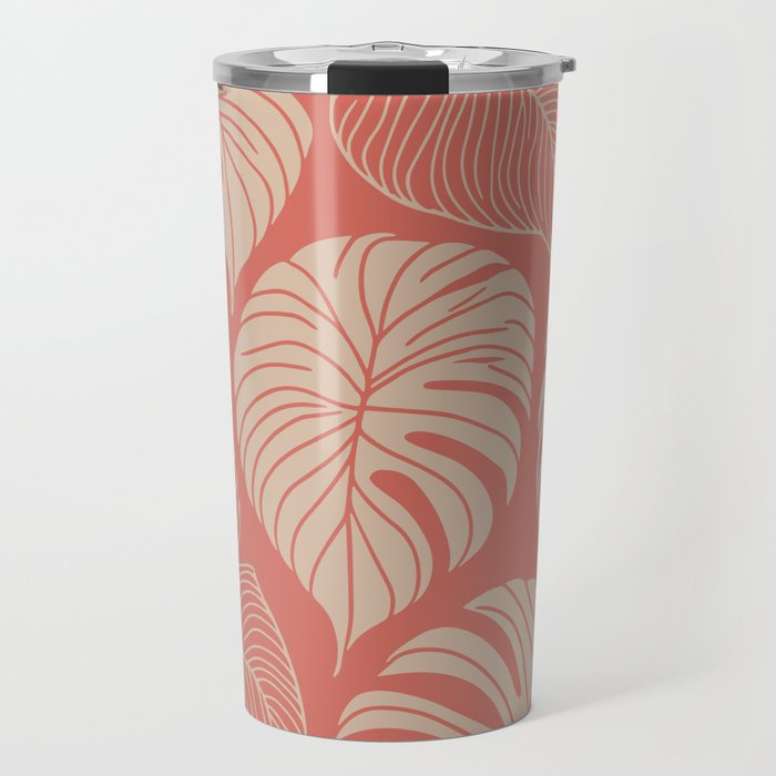 Tropical Leaves on Boho beachy coral Travel Mug Gallery Image 1