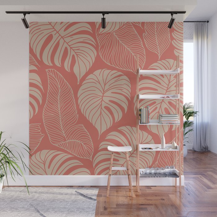 Tropical Leaves on Boho beachy coral Wall Mural Gallery Image 1