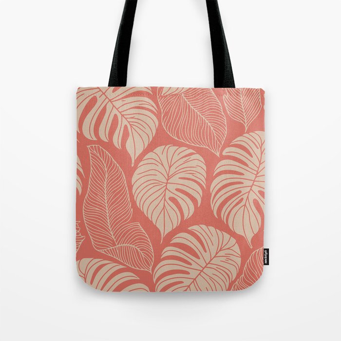 Tropical Leaves on Boho beachy coral Tote Bag Gallery Image 1