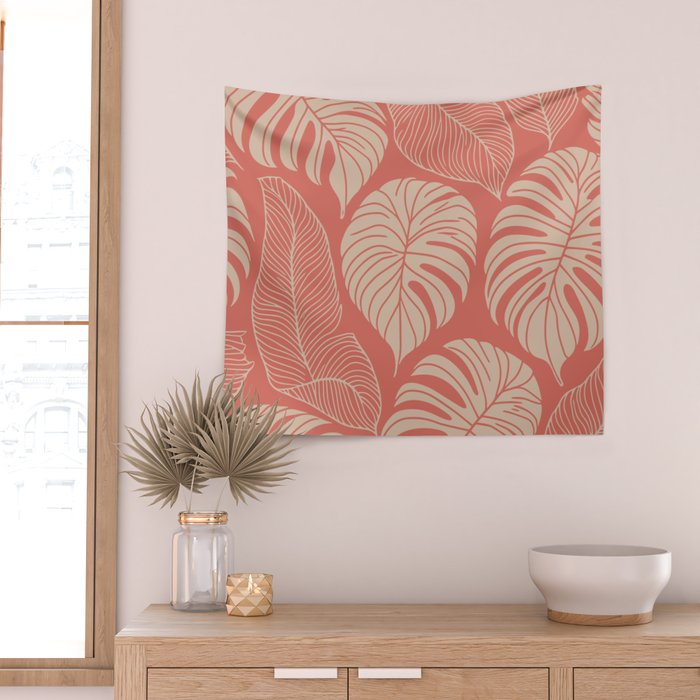 Tropical Leaves on Boho beachy coral Wall Tapestry Gallery Image 2