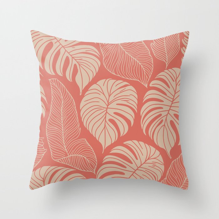 Tropical Leaves on Boho beachy coral Throw Pillow Gallery Image 1