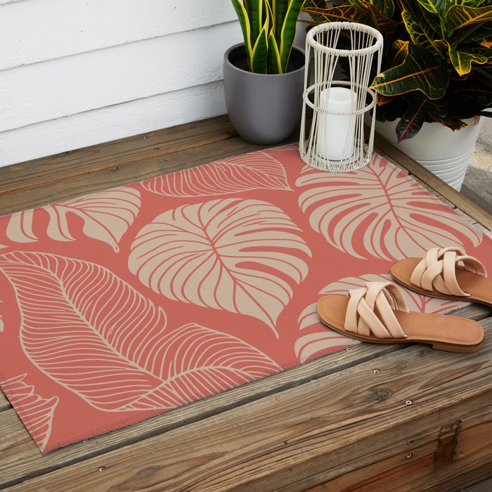 Tropical Leaves on Boho beachy coral Outdoor Rug Gallery Image 2