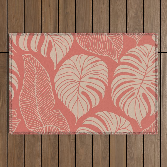 Tropical Leaves on Boho beachy coral Outdoor Rug