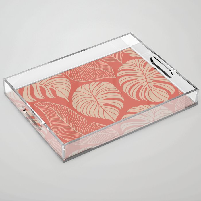Tropical Leaves on Boho beachy coral Acrylic Tray Gallery Image 1