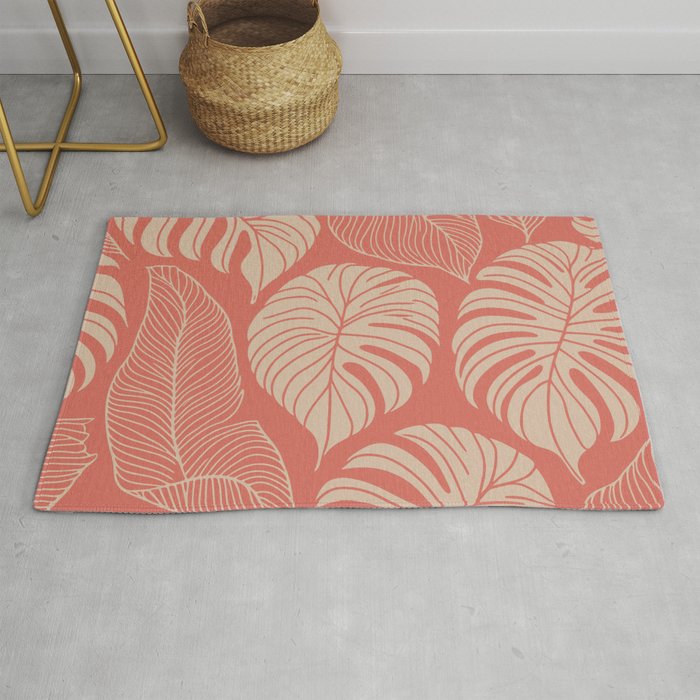 Tropical Leaves on Boho beachy coral Rug Gallery Image 1