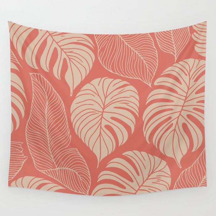 Tropical Leaves on Boho beachy coral Wall Tapestry Gallery Image 4
