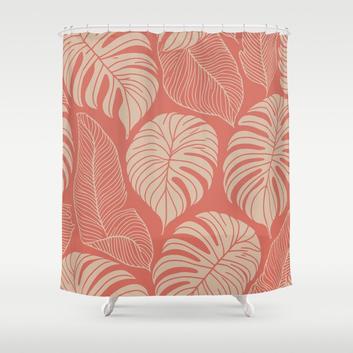 Tropical Leaves on Boho beachy coral Shower Curtain Gallery Image 1