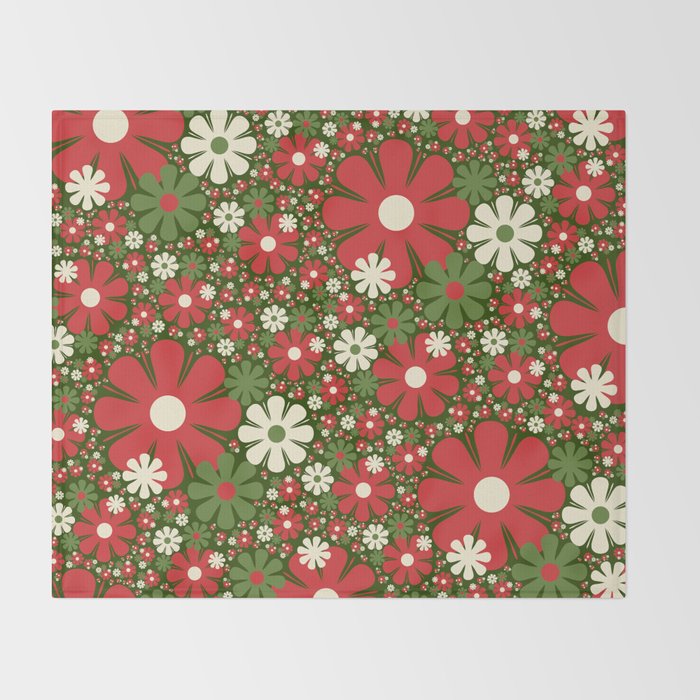 Retro Christmas Floral Fantasy Red Green Cream Throw Blanket Gallery Image 2