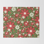 Retro Christmas Floral Fantasy Red Green Cream Throw Blanket Gallery Image 2