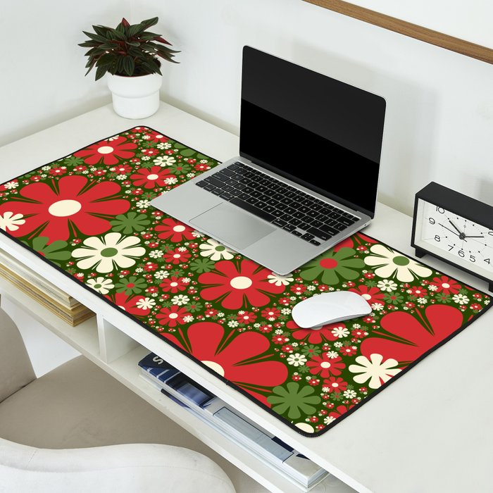 Retro Christmas Floral Fantasy Red Green Cream Desk Mat Gallery Image 2