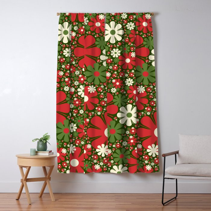 Retro Christmas Floral Fantasy Red Green Cream Window Curtain Gallery Image 1