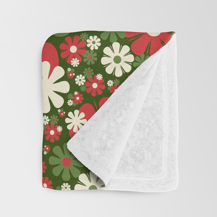 Retro Christmas Floral Fantasy Red Green Cream Throw Blanket Gallery Image 3