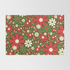 Retro Christmas Floral Fantasy Red Green Cream Rug Gallery Image 2