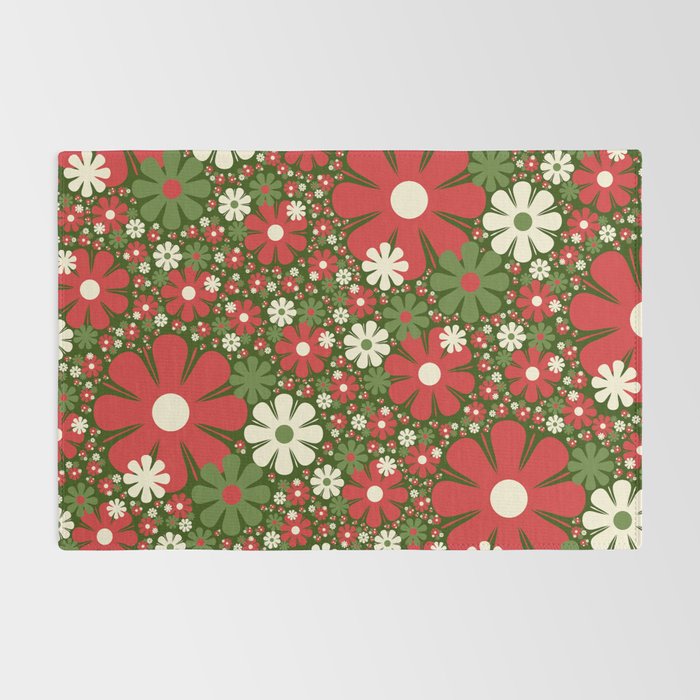 Retro Christmas Floral Fantasy Red Green Cream Rug Gallery Image 2