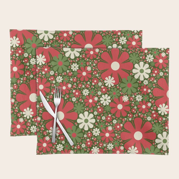 Retro Christmas Floral Fantasy Red Green Cream Placemat Gallery Image 1