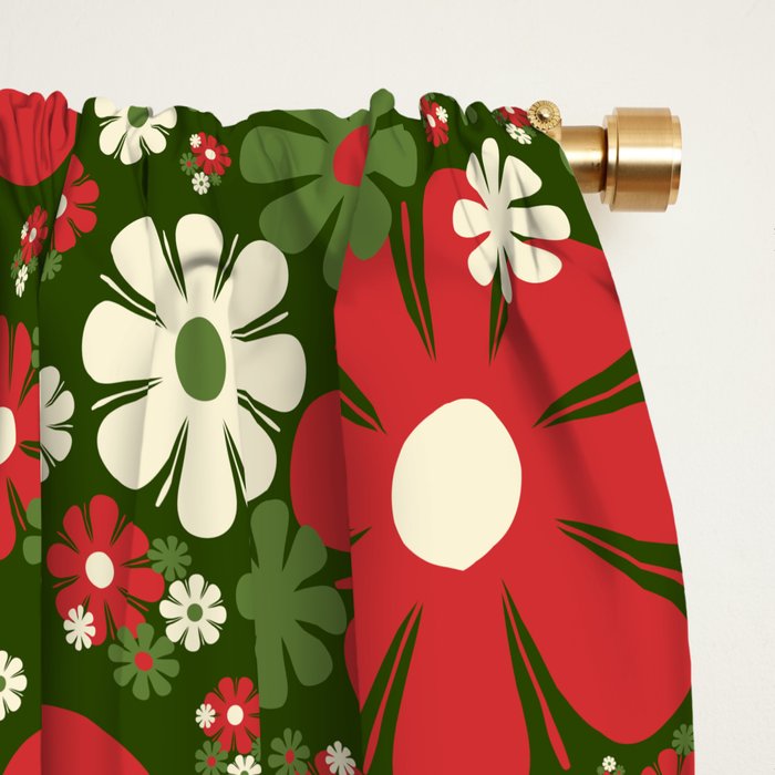 Retro Christmas Floral Fantasy Red Green Cream Window Curtain Gallery Image 2