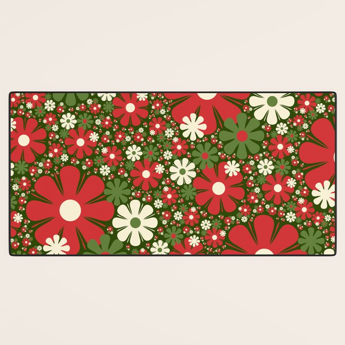 Retro Christmas Floral Fantasy Red Green Cream Desk Mat Gallery Image 3