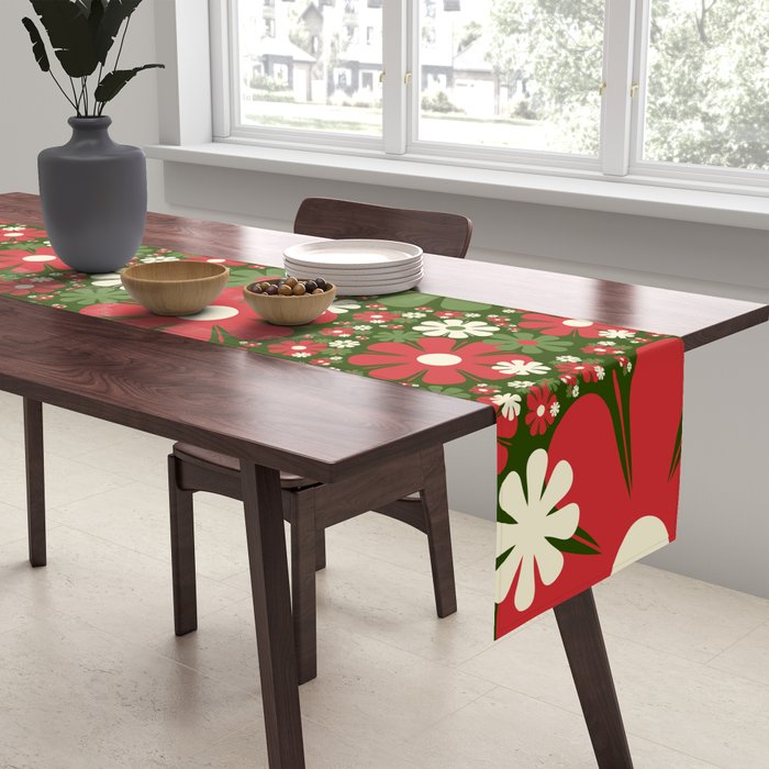 Retro Christmas Floral Fantasy Red Green Cream Table Runner Gallery Image 2
