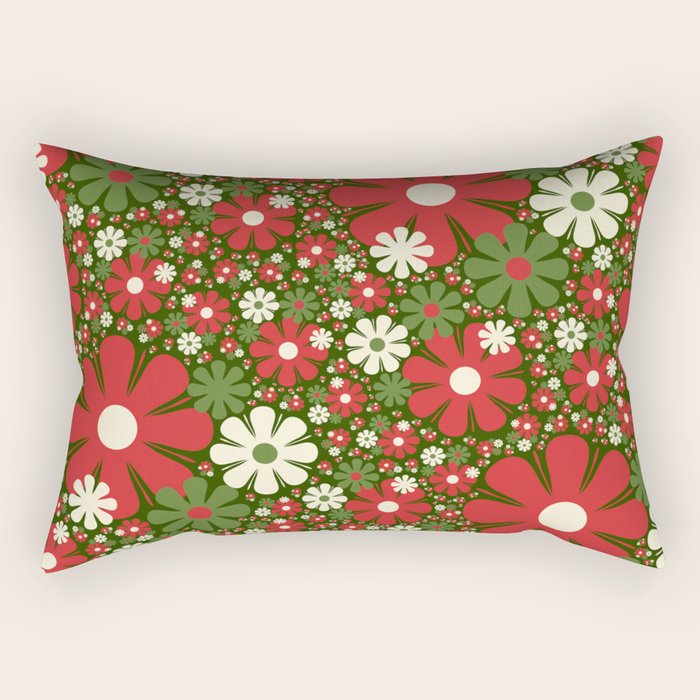 Retro Christmas Floral Fantasy Red Green Cream Rectangular Pillow Gallery Image 1
