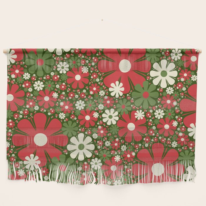 Retro Christmas Floral Fantasy Red Green Cream Wall Hanging Gallery Image 1