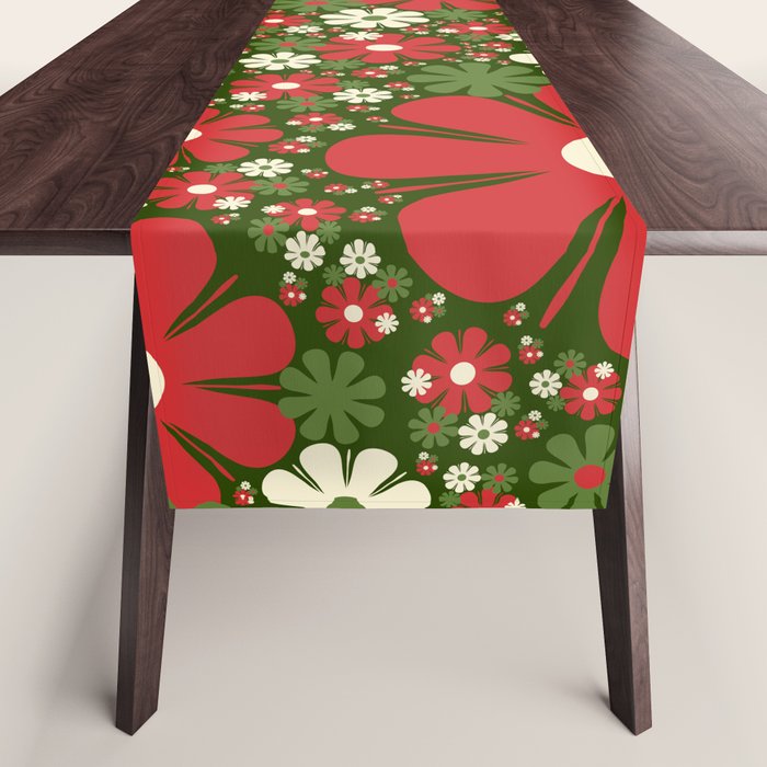 Retro Christmas Floral Fantasy Red Green Cream Table Runner Gallery Image 1
