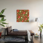 Retro Christmas Floral Fantasy Red Green Cream Wood Wall Art Gallery Image 2