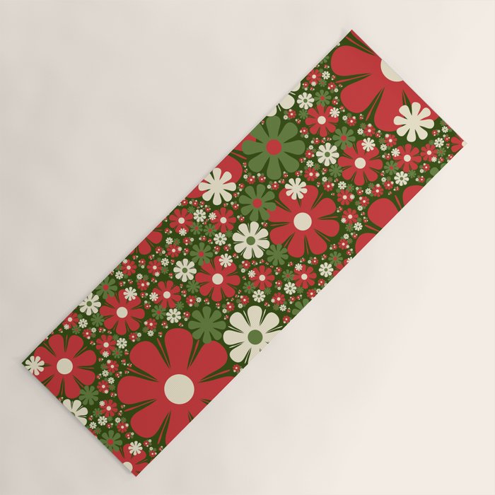 Retro Christmas Floral Fantasy Red Green Cream Yoga Mat Gallery Image 1