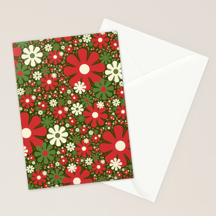 Retro Christmas Floral Fantasy Red Green Cream Stationery Card Gallery Image 2