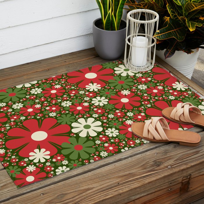 Retro Christmas Floral Fantasy Red Green Cream Outdoor Rug Gallery Image 2