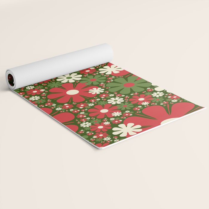 Retro Christmas Floral Fantasy Red Green Cream Yoga Mat Gallery Image 2