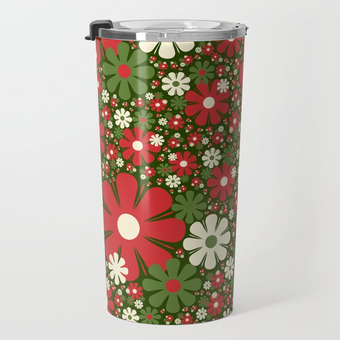 Retro Christmas Floral Fantasy Red Green Cream Travel Mug Gallery Image 3