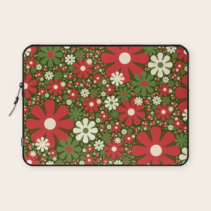 Retro Christmas Floral Fantasy Red Green Cream Laptop Sleeve Gallery Image 1
