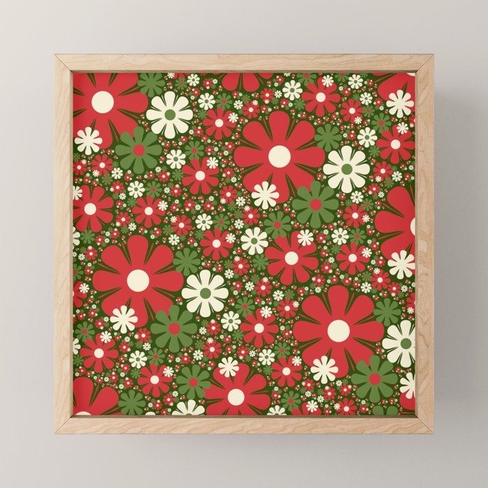 Retro Christmas Floral Fantasy Red Green Cream Mini Art Print Gallery Image 1