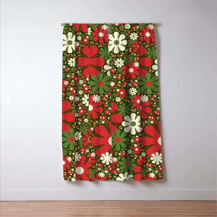 Retro Christmas Floral Fantasy Red Green Cream Window Curtain Gallery Image 3