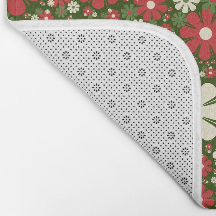 Retro Christmas Floral Fantasy Red Green Cream Bath Mat Gallery Image 2